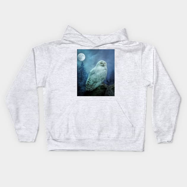 Moonlit Snowy owl Kids Hoodie by Tarrby